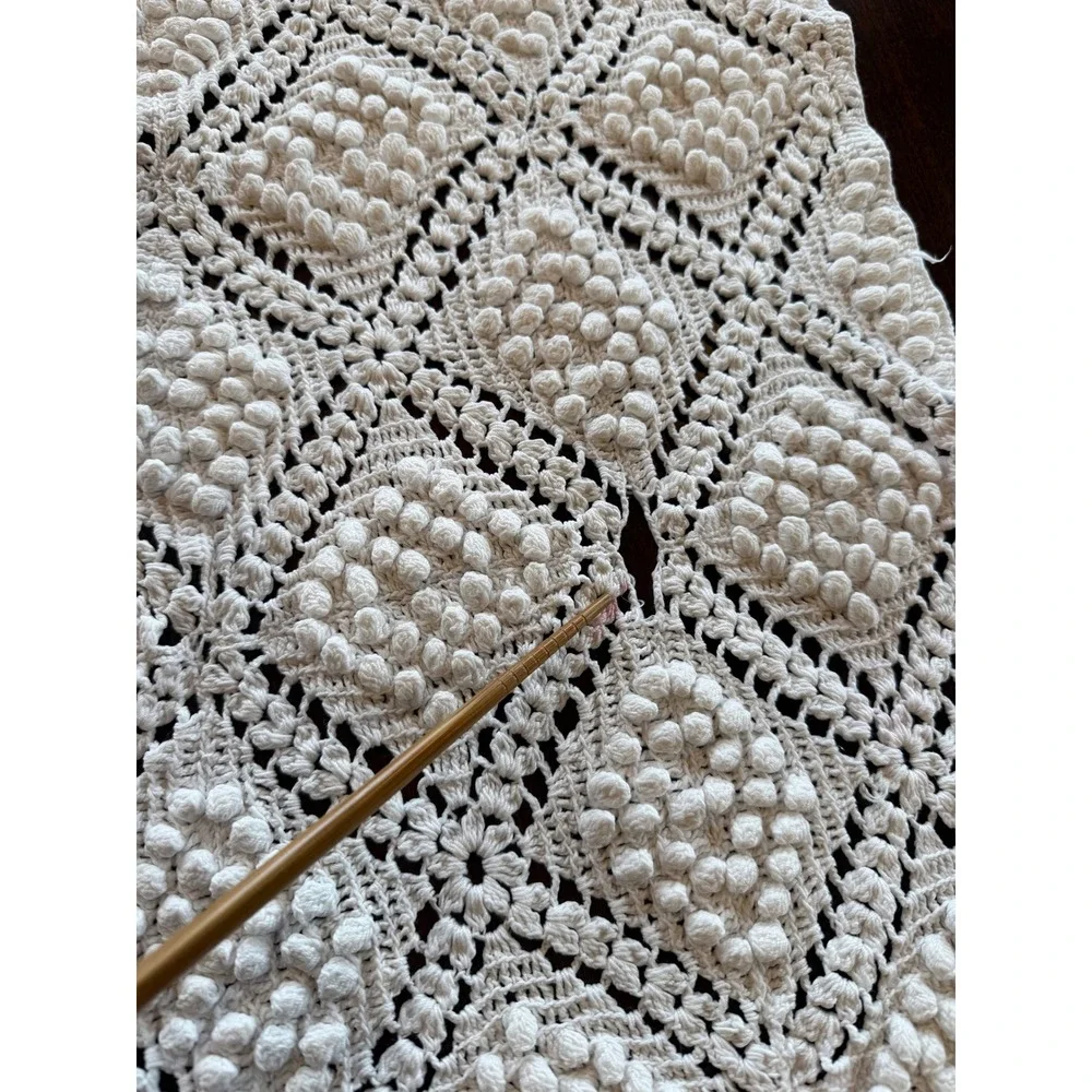 Vintage White‎ Crochet Table Runner Diamond Popcorn Stitch Boho Farmhouse 43x13